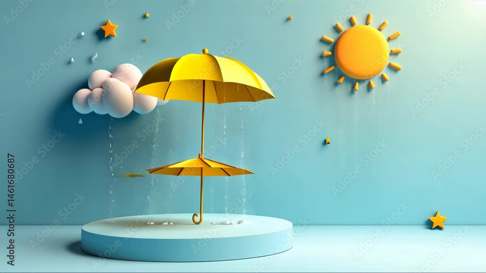 Poster cartoon-style scene of a sunny day with fluffy clouds. blue background with two yellow umbrellas and