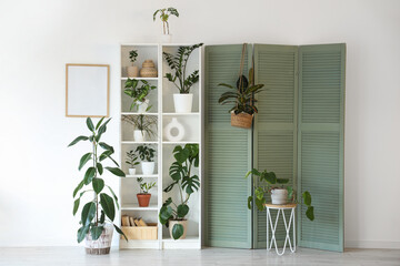 Interior of light room with green plants, folding screen and shelf unit