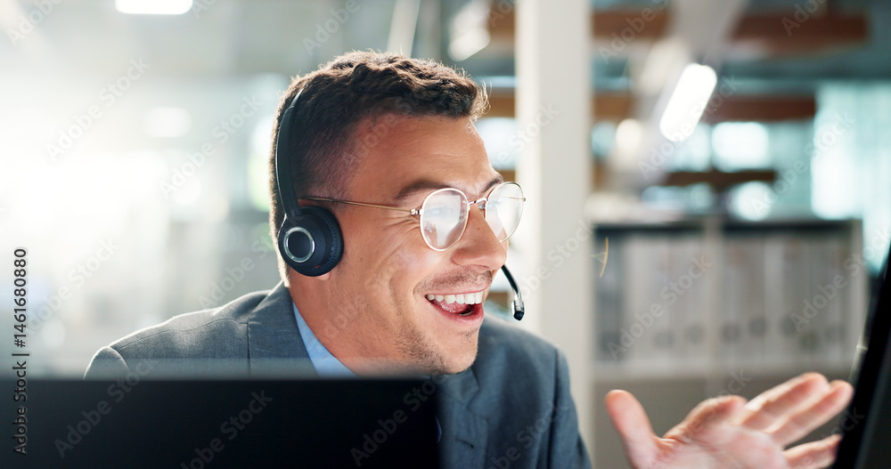 Aufkleber call center, smile and businessman with computer in office consulting or crm, sales and customer sup