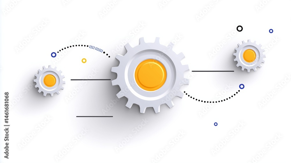 Poster gear icon with dotted automation path and workflow steps, crm vector layout