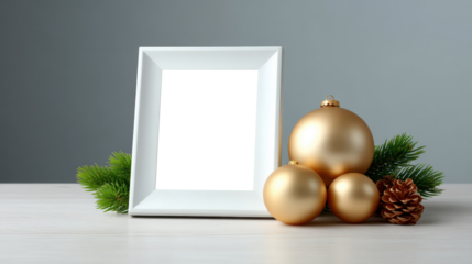 Serene and elegant Christmas composition featuring an empty white picture frame surrounded by golden baubles and pine cones on a neutral gray background with muted tones and clean modern aesthetic