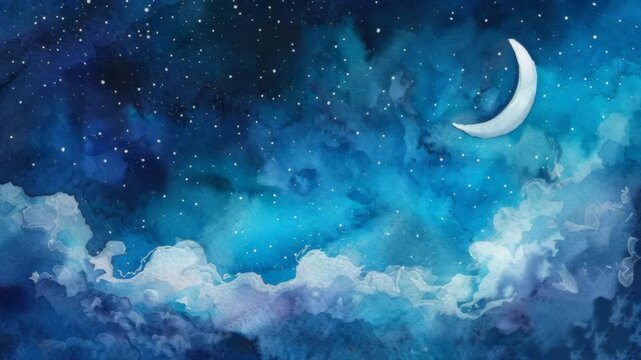 dreamy watercolor painting presents celestial crescent moon amidst swirling sky, dotted with shining stars and soft, hazy clouds.