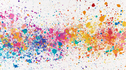 Abstract vibrant colorful paint splatter background on white canvas with rainbow hues