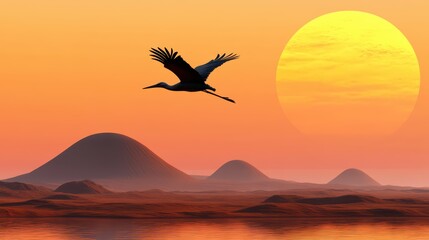 Naklejka premium Majestic Crane Silhouetted Against Vibrant Sunset Over A Tranquil Landscape With Soft Rolling Hills