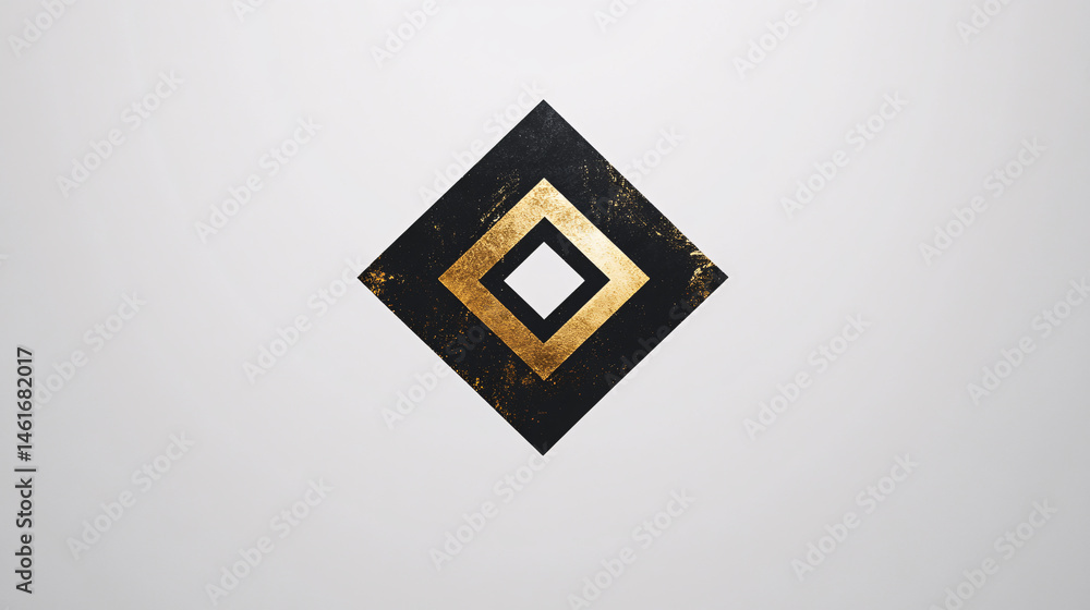 Poster Minimalist geometric abstraction of nested squares in black and gold foil