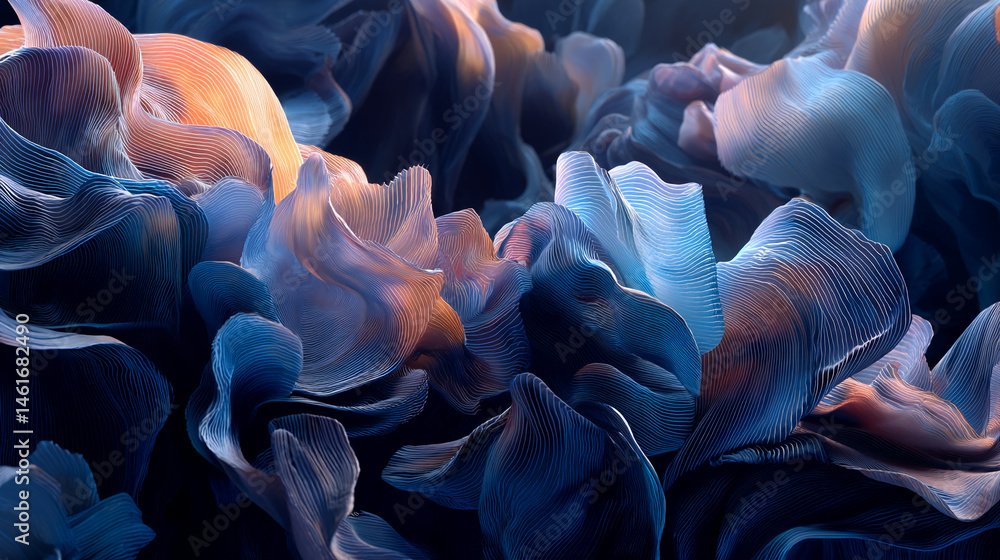 Poster abstract image of blue and orange fabric folds, creating a flowing, dynamic texture, representing mo