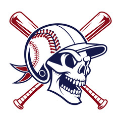 Baseball skull with crossed bats for sport club or team league badge, vector emblem. Skeleton skull as baseball ball with cracks and crossbones of bats for varsity team or college league club mascot