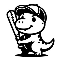 Cute T-Rex dinosaur holding a baseball bat silhouette vector illustration, T-Rex dinosaur holding a baseball bat line art vector icon design