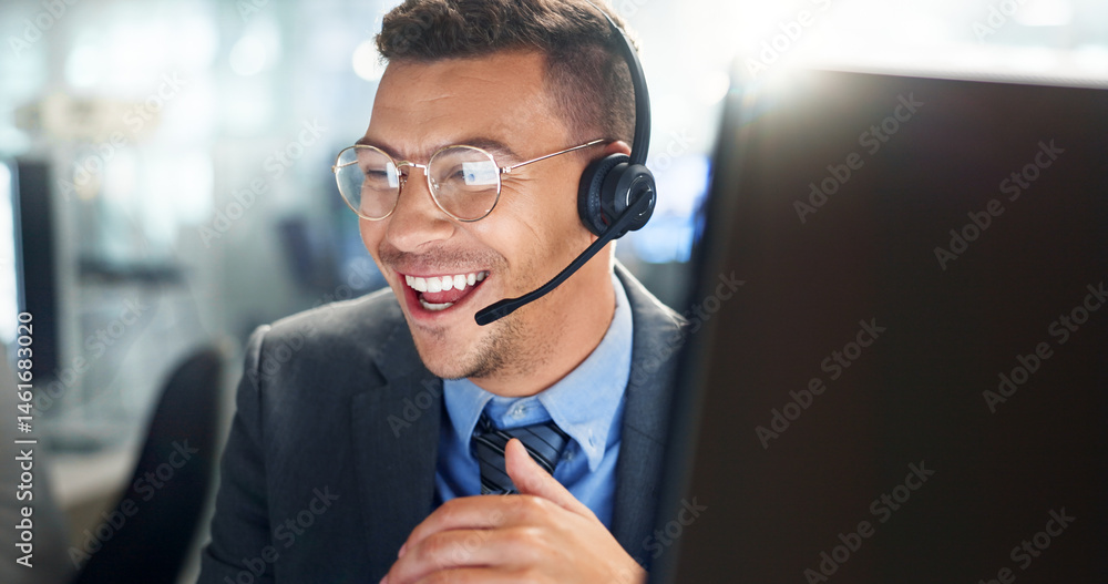 Aufkleber call center, customer service and happy businessman in office consulting for crm, faq and tech suppo