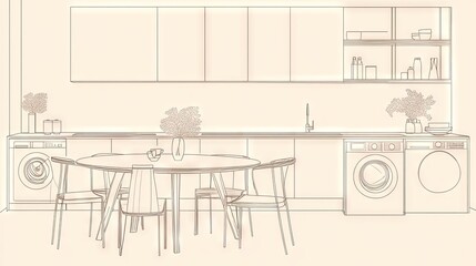 Modern kitchen design sketch with appliances and dining area.