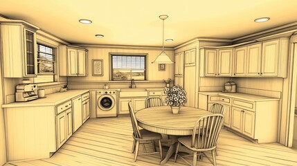 Fototapeta premium Interior design sketch of a light-toned farmhouse kitchen.