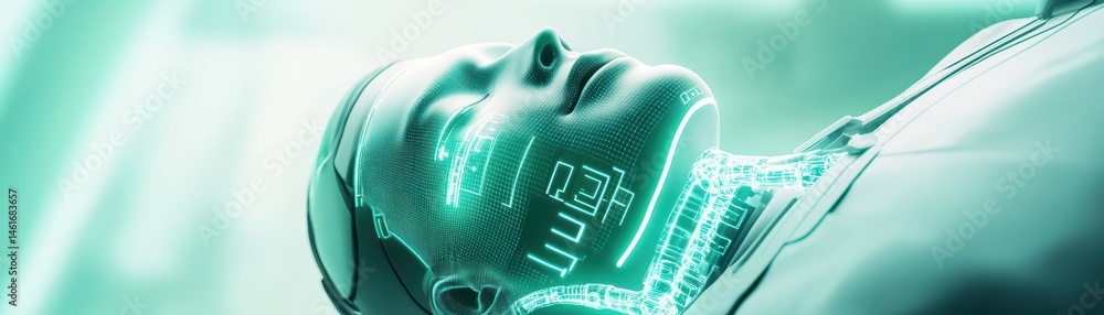 Poster futuristic android head with neon circuitry and robotic features in a high-tech environment