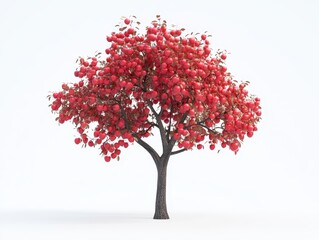 Fototapeta premium A vibrant apple tree, laden with numerous bright red apples, stands tall against a plain white background. Its branches are full of fruit, creating a picturesque image of an orchard
