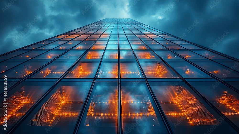 Poster sleek reflective building with led-lit accents and mirrored windows, low camera angle capturing sky 
