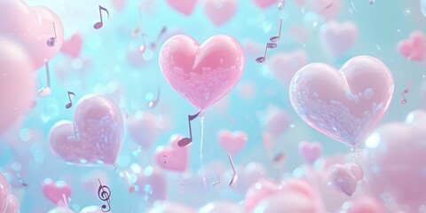 A dreamy bubblegum world filled with soft pink and blue tones, glowing hearts, and musical notes floating freely.