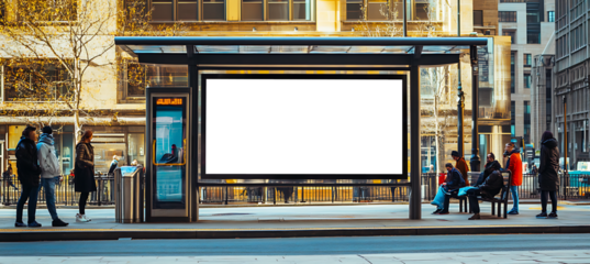Urban Bus Stop with Blank Transparent PNG Cutout Ad Banner and People Waiting Nearby for Personalized Branding
