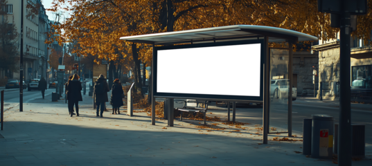 Urban Bus Stop with Blank Transparent PNG Cutout Ad Banner and People Waiting Nearby for Personalized Branding