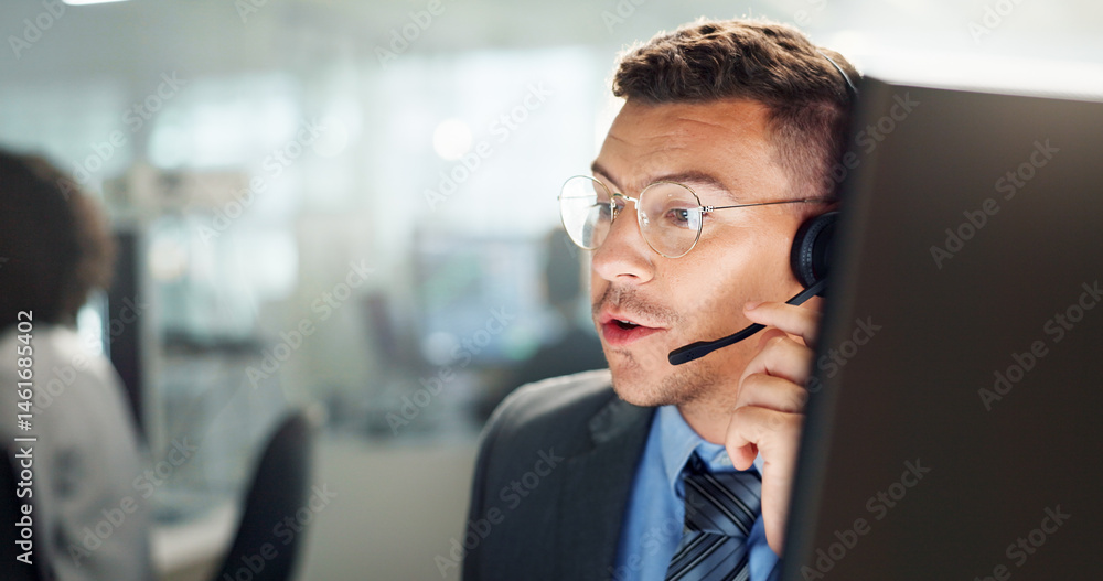 Aufkleber call center, questions and businessman with computer in office consulting or crm, sales and customer