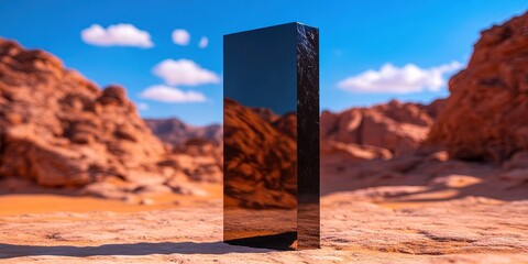 photo of black glass monolith in desert 