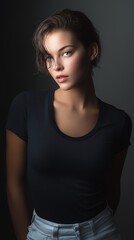 Naklejka premium Female model wearing black t-shirt and jeans. Fashion magazine photoshoot. Model photo. AI generated.