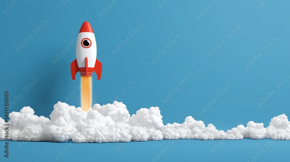 Poster rocket launching from cloud platform, startup concept, clean minimal vector with empty space for slo