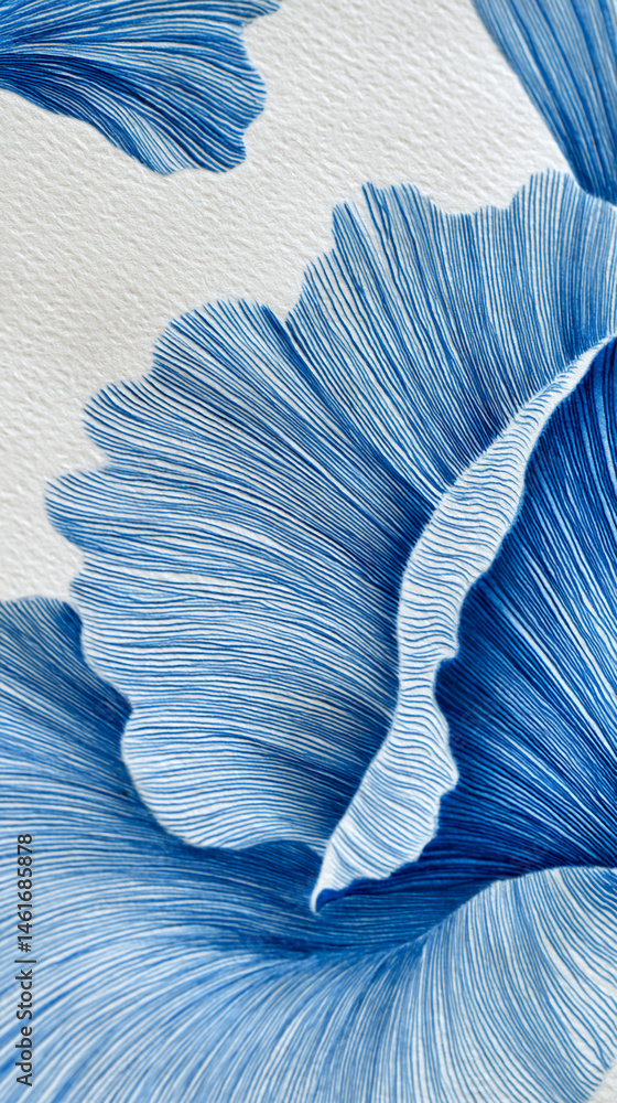 Poster close-up of blue linear textured artwork, creating a flowing, wave-like pattern, symbolizing serenit