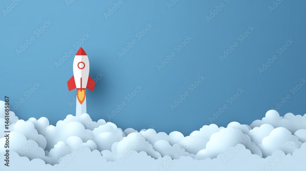 Poster rocket launching from cloud platform, startup concept, clean minimal vector with empty space for slo