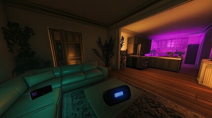 Stylish interior design of a living room and kitchen area.