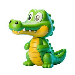 Fototapeta premium Cheerful cartoonish green and yellow crocodile sits upright adorably on transparent background
