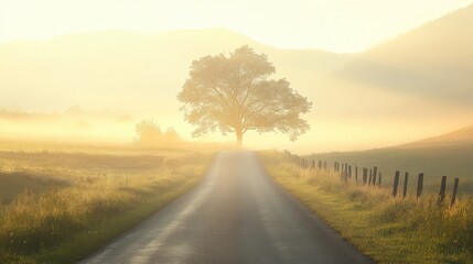 Fototapeta premium Peaceful road in soft fog with a centered tree and gentle sun rays filtering through the early morning mist