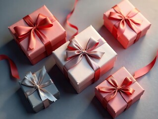 Obraz premium Elegant gift boxes, silk ribbons, aerial view, luxury, e-commerce, anniversary