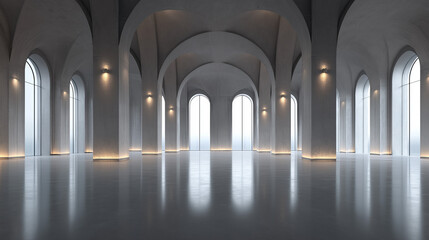 Minimalist concrete hall with towering columns and arched windows, embodying serene symmetry and modern elegance.