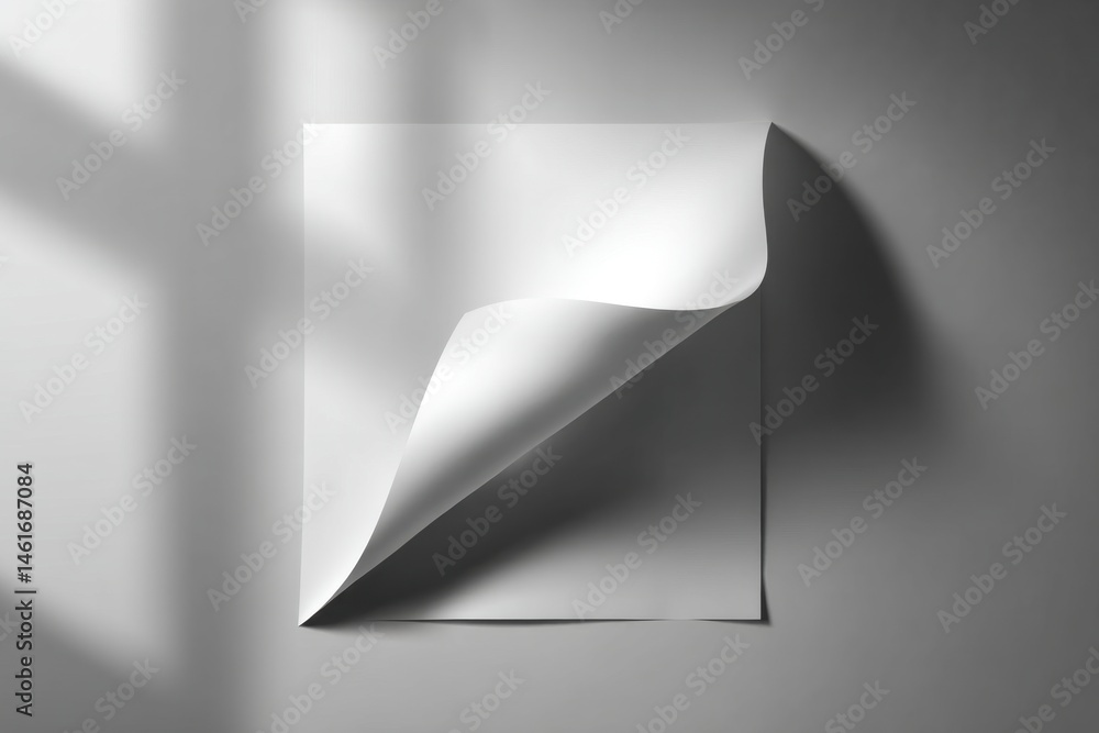 Poster a minimalistic presentation of a blank white paper sheet with folded corner, casting a gentle shadow