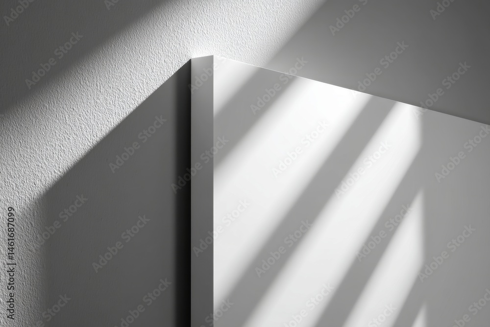 Poster a minimalist composition of light and shadow on a white wall, showcasing simple geometric forms and 
