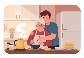 Generational bonding: grandson embracing grandmother while cooking in the kitchen