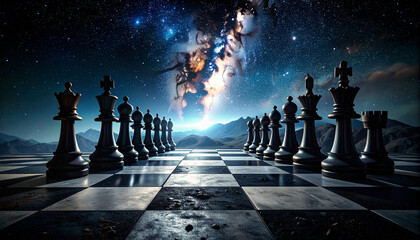 Chess queen and king pawns on the chess board, a game of strategic power and leadership intelligence