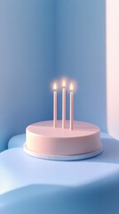 Minimalist Birthday Cake with Lit Candles on Blue Surface Still Life Celebration Event