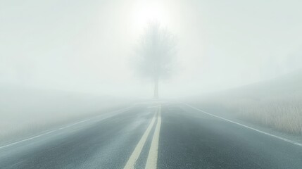 Road wrapped in morning fog with a centered tree and sunbeams filtering through the misty air