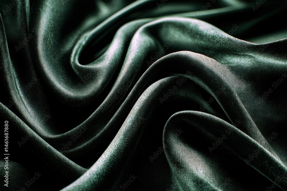 Poster an elegant and luxurious dark green satin fabric draped in soft, flowing folds, creating a rich text