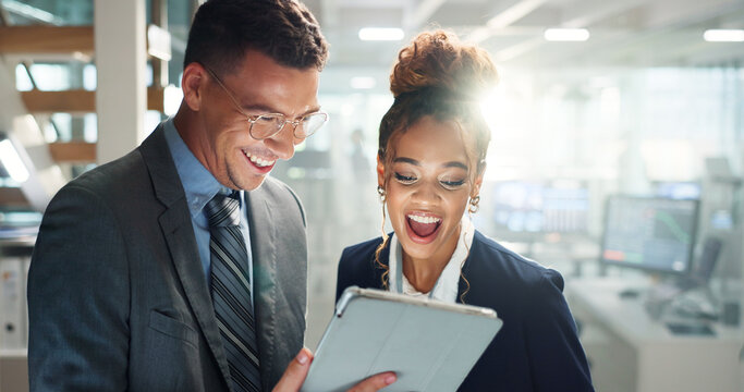 Tablet, business people and happy from digital project success and achievement in office. Excited, smile and technology with meeting and discussion of financial team work collaboration with win - Powered by Adobe