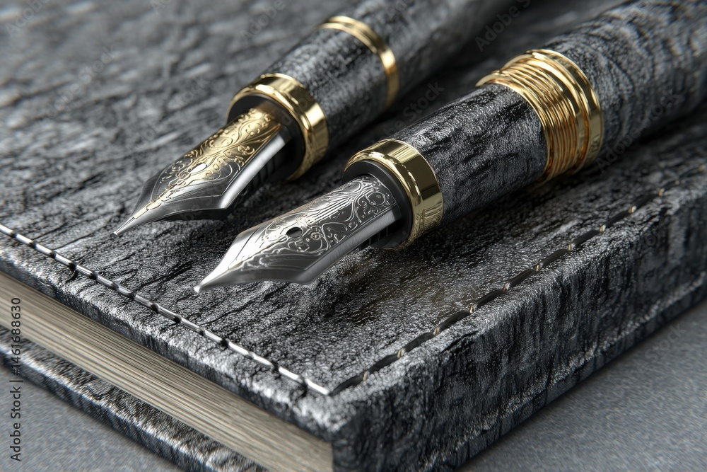 Poster two elegant fountain pens with intricate detailing rest on a textured notebook, creating a scene of 