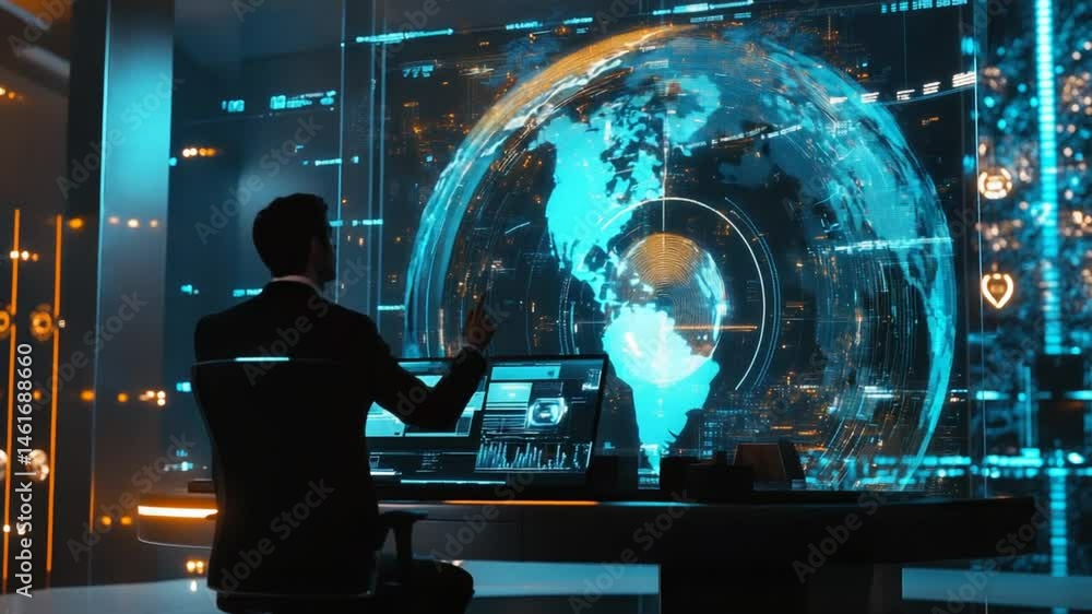 Poster executive analyzing global data on futuristic screen in high-tech control center