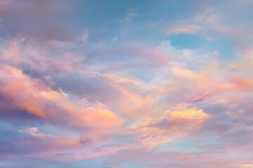 Fototapeta premium Pastel pink and blue cloudscape, soft texture, dreamy atmosphere, evoking serenity and peace, ideal for calming background