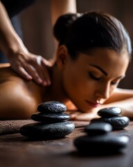 Hot Stone Massage Ritual A serene spa session featuring a woman receiving a relaxing massage with hot stones, promoting tranquility and wellness in a calming environment.