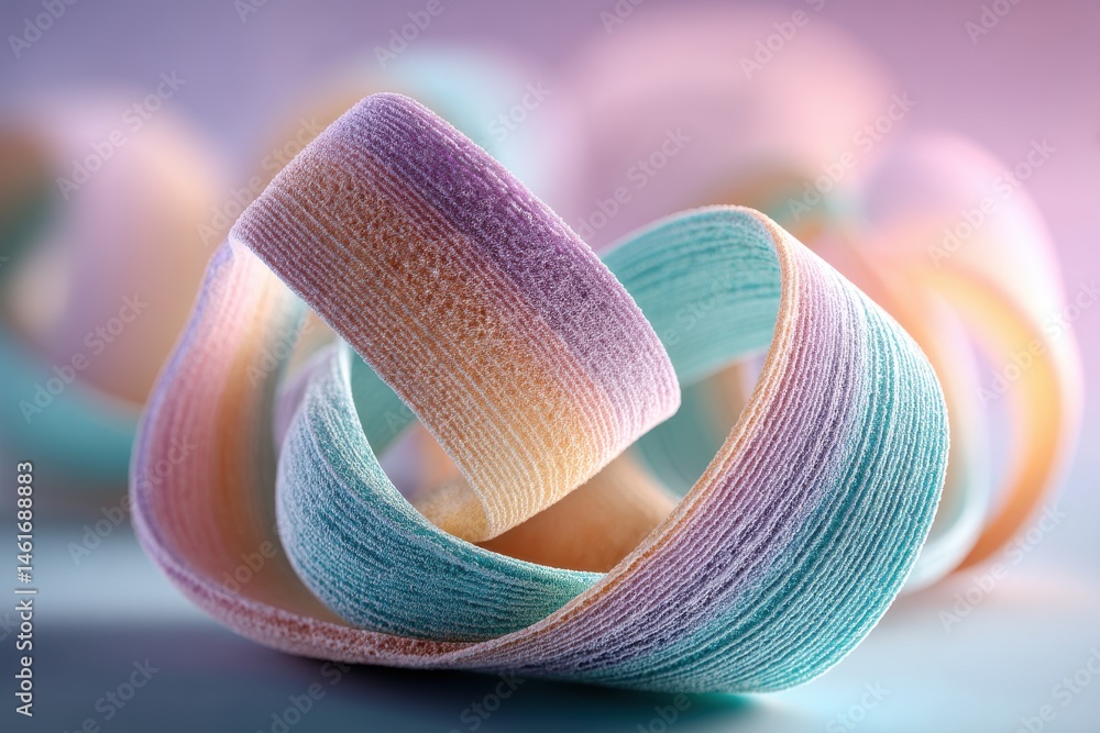 Poster a macro shot of a fabric ribbon with colorful pastel gradient, creating abstract shapes. perfect for