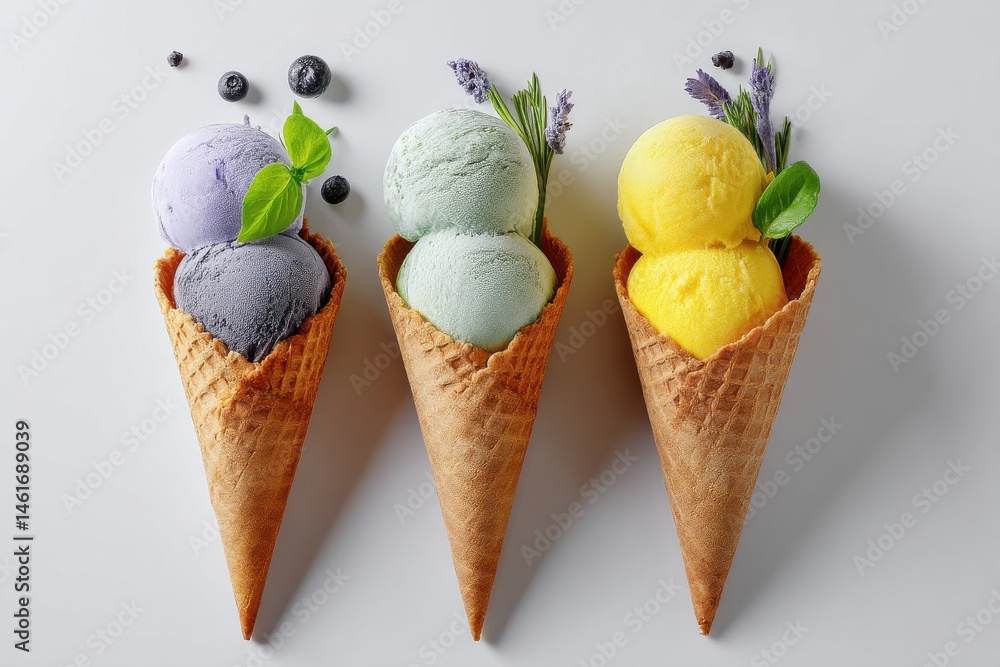 Poster three ice cream cones with different colors and flavors, creating a colorful and inviting dessert di