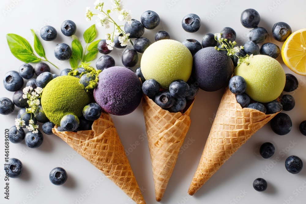 Poster delicious and colorful ice cream cones in a row, showcasing vibrant summer flavors and inviting trea
