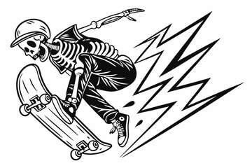 46 Skeleton skateboarder, dynamic pose, black and white illustration, punk rock style, detailed anatomy, grinning skull, skateboard trick, hand-drawn artwork, stippled shading, edgy graphic design, ur