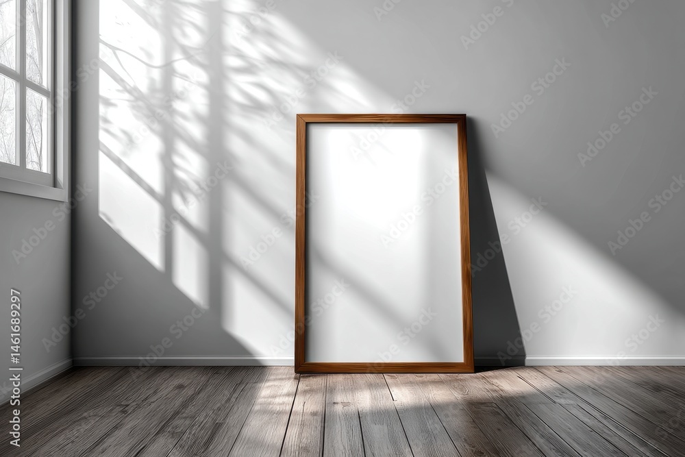 Poster a minimalist interior with a blank frame standing against a wall, illuminated by soft shadows from a