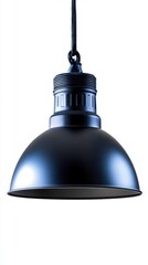 Studio shot of a modern black pendant light fixture hanging from the ceiling on a white background with copy space
